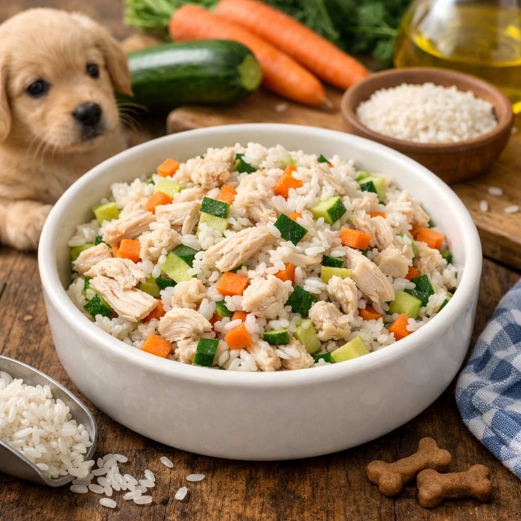 Featured image alt text: Homemade chicken and rice puppy food in a bowl with carrots and zucchini