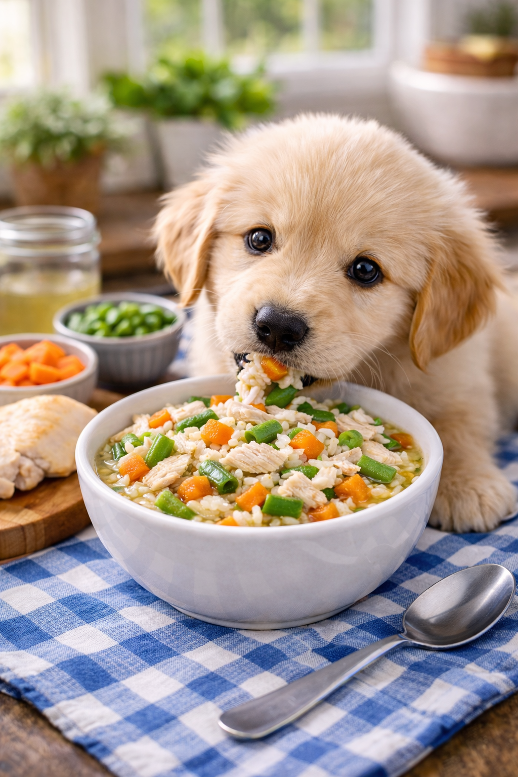 Healthy homemade wet food for puppies made with chicken, rice, carrots, and green beans in a bowl