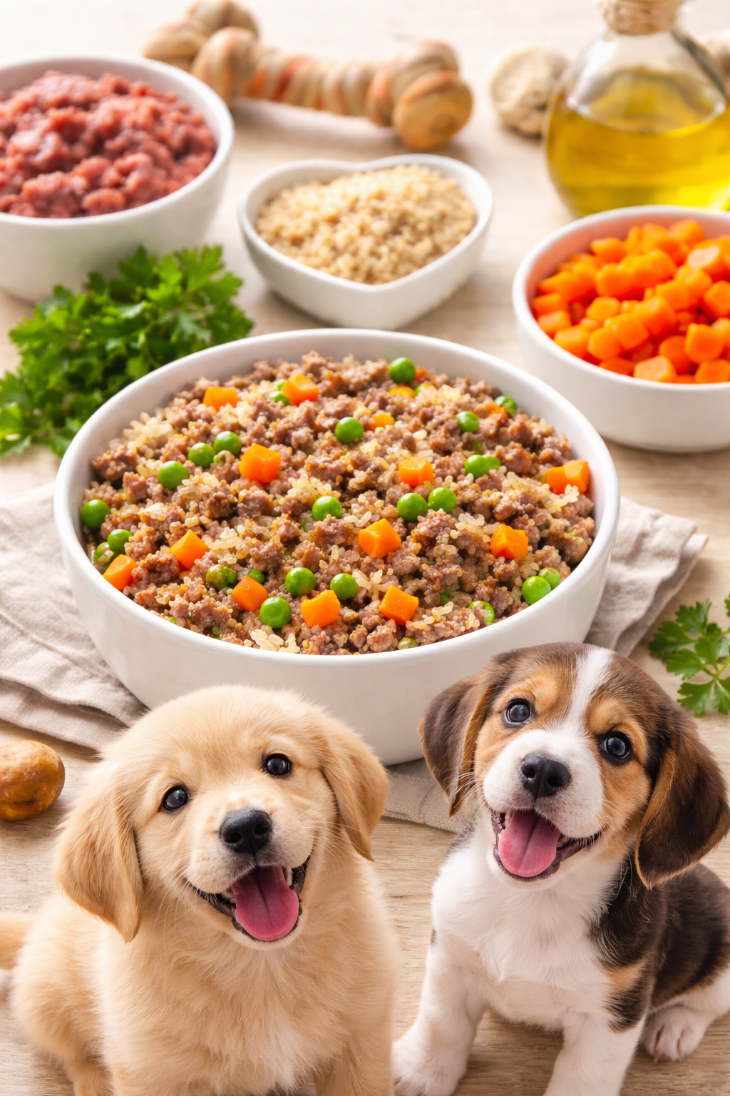 Two cute puppies sitting next to a bowl of healthy homemade puppy food made with minced beef, rice, carrots, and peas.