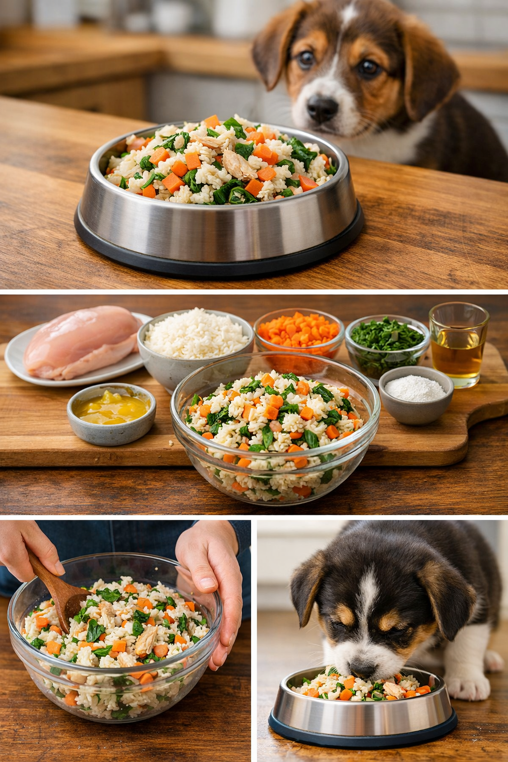 Homemade chicken and rice puppy food in a dog bowl