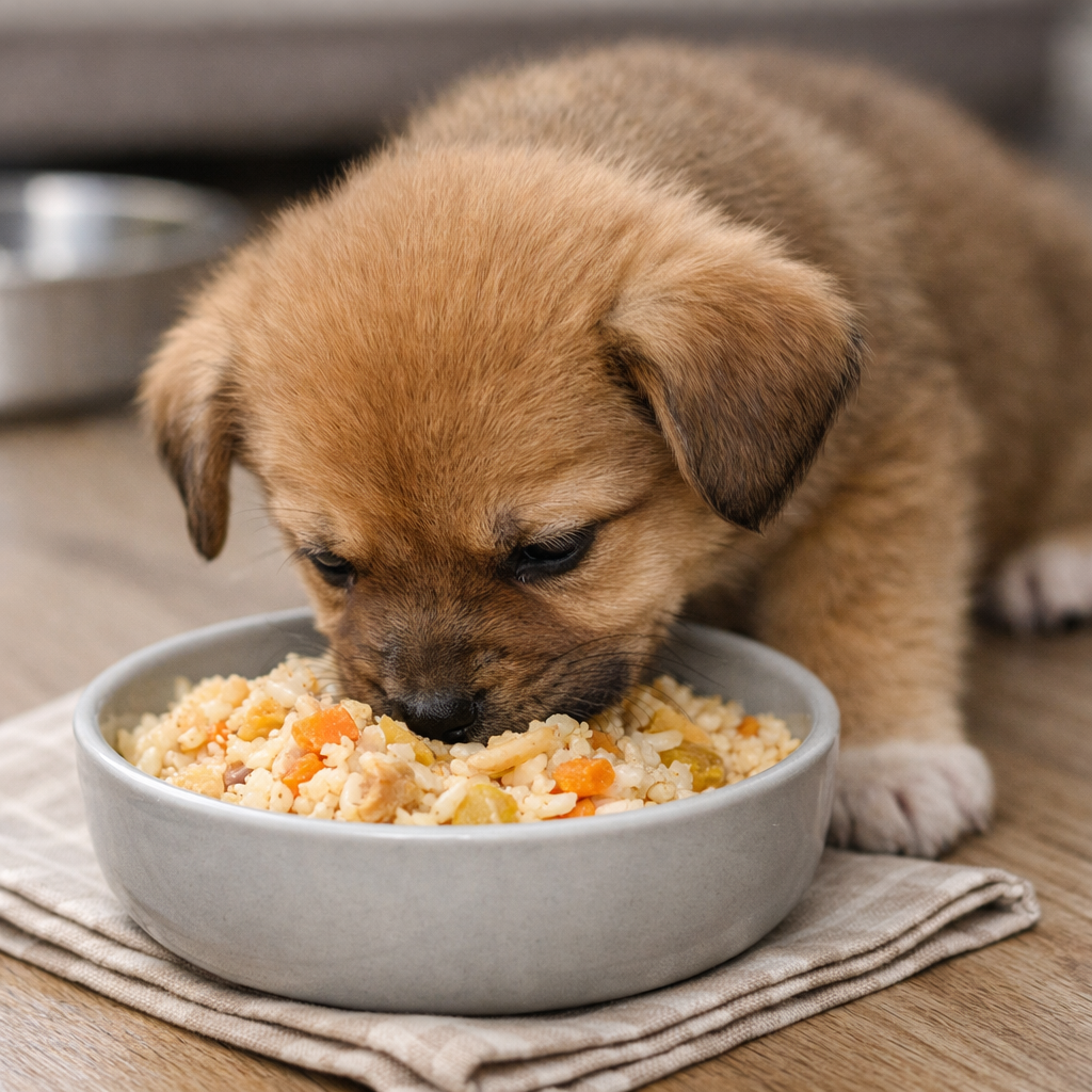 Two-month-old puppy eating soft homemade chicken and rice food from a bowl