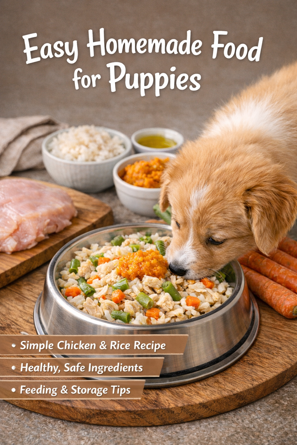 Puppy eating homemade chicken and rice meal from bowl