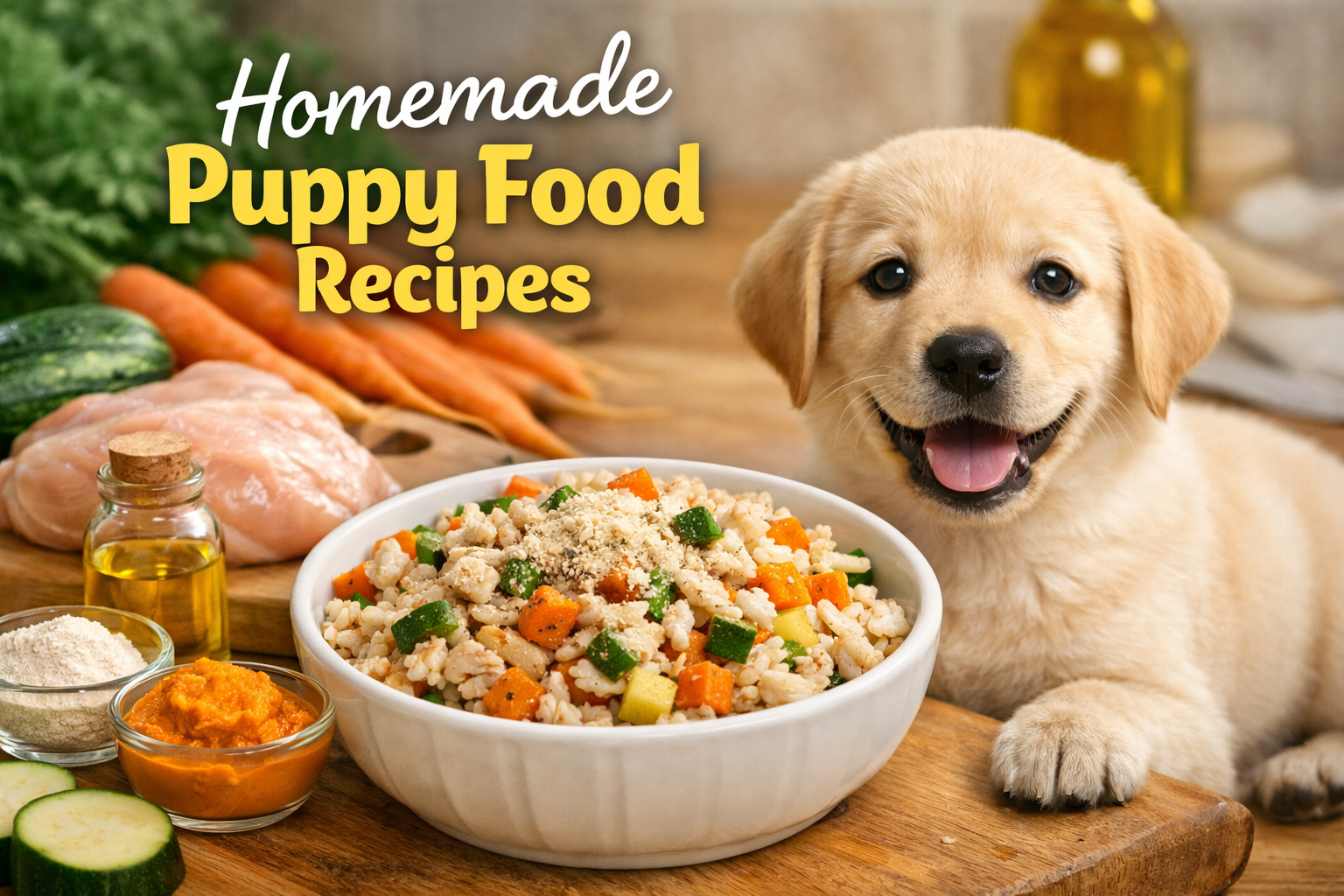 Homemade puppy food in a white bowl with rice, chicken, carrots, and zucchini, placed on a wooden table beside a happy Labrador puppy, with fresh ingredients in the background and the text “Homemade Puppy Food Recipes” displayed on the image.