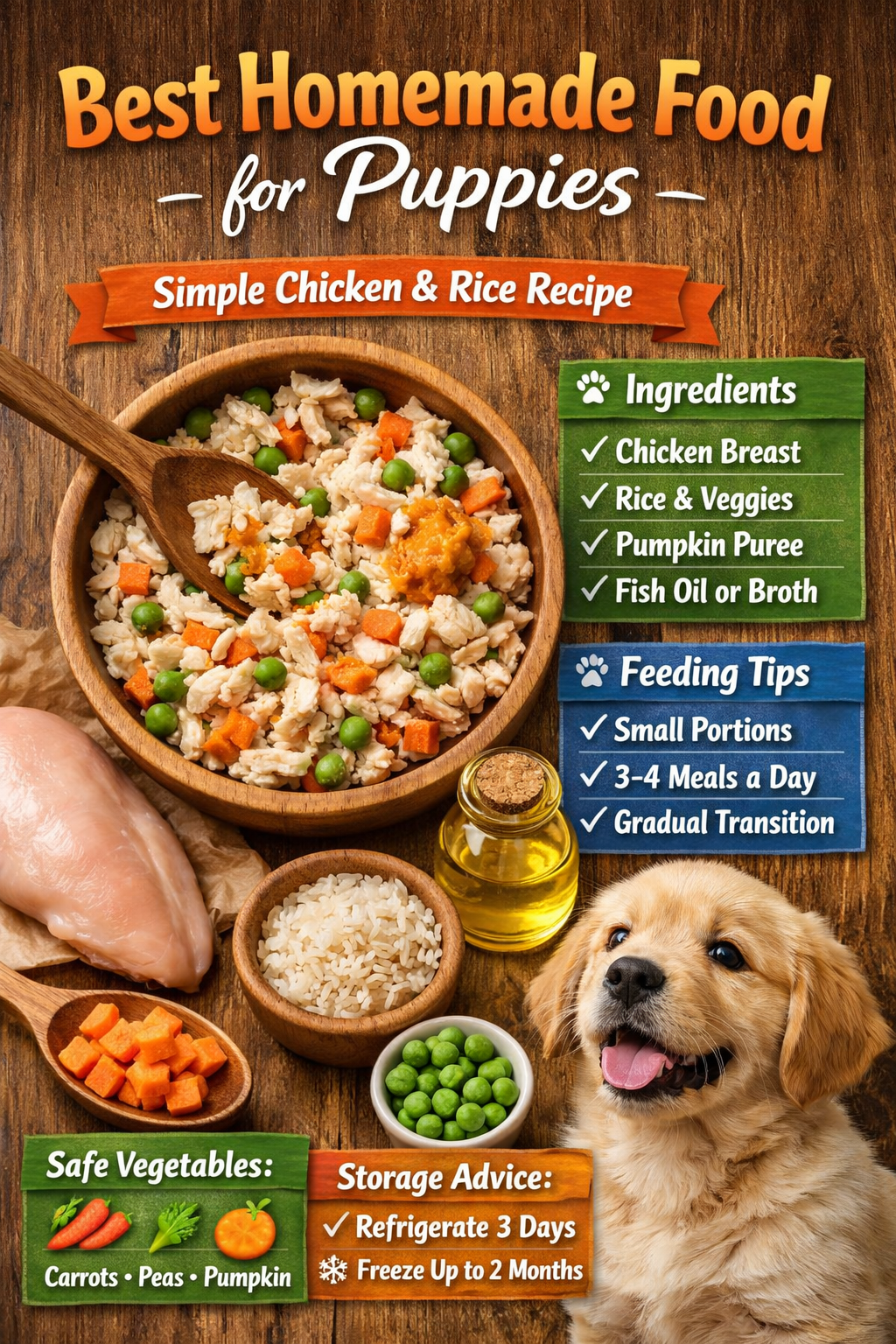 A bowl of homemade puppy food made with shredded chicken, rice, carrots, and peas on a wooden table, surrounded by fresh ingredients and a golden retriever puppy, illustrating a simple chicken and rice recipe for puppies.