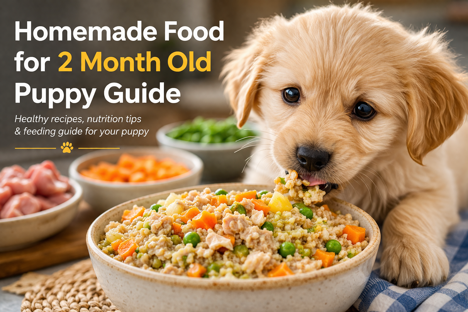 2 month old puppy eating healthy homemade food with vegetables and chicken (Alternative)