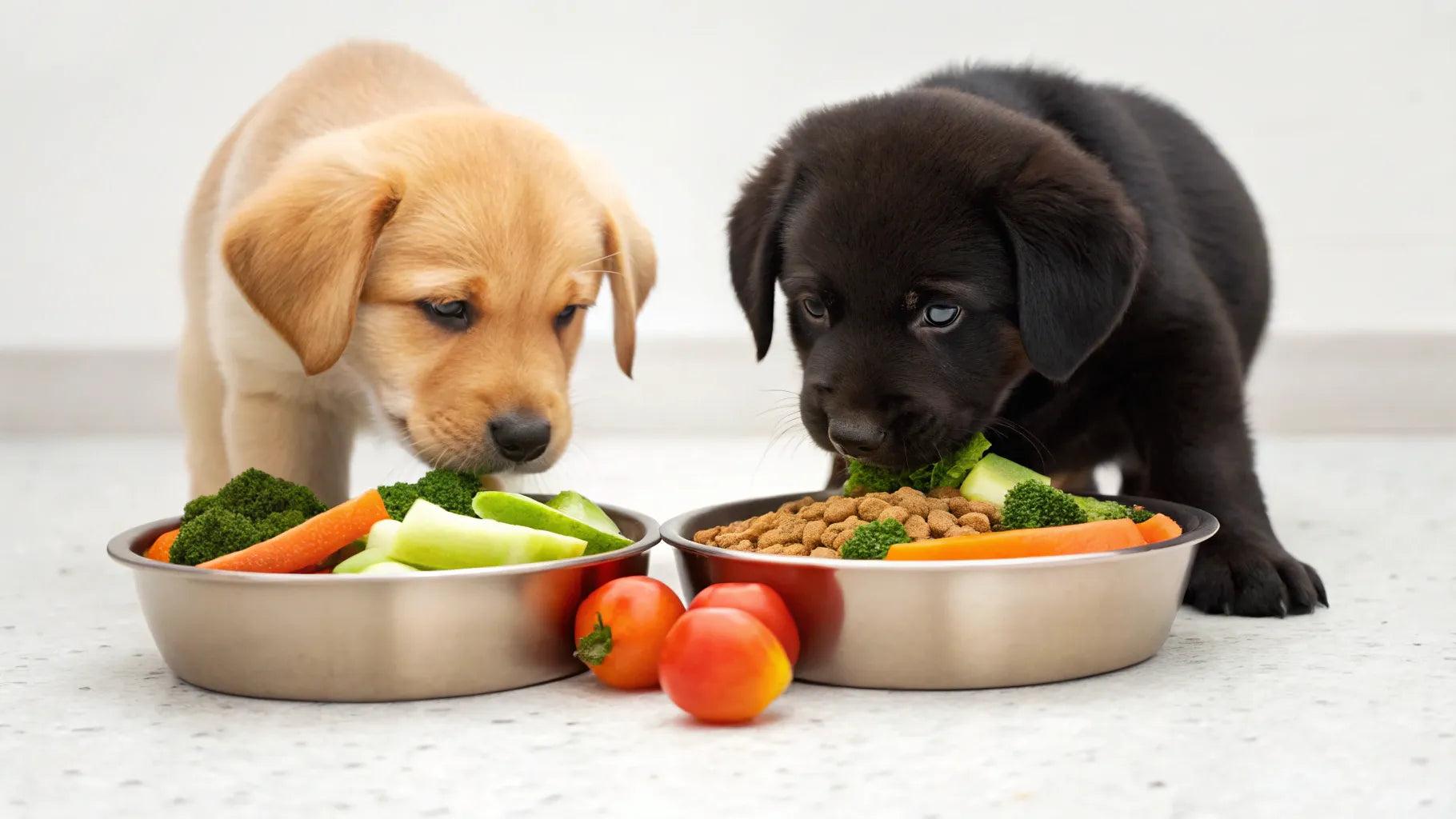 Different puppy breeds eating healthy puppy food with balanced nutrition for growth and development.