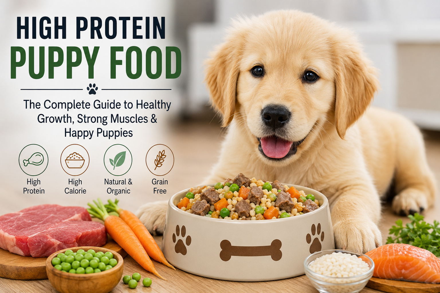 Golden retriever puppy eating high protein puppy food with beef, salmon, rice, peas, and carrots for healthy growth and energy
