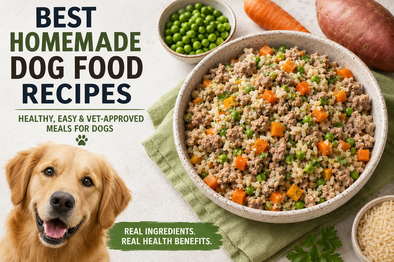 Healthy homemade dog food recipe with turkey, rice, vegetables, and eggs served in a dog bowl