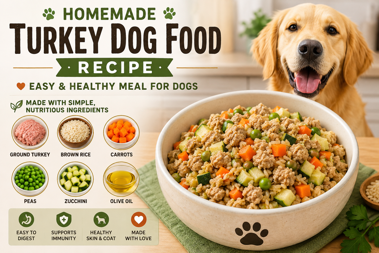 Homemade Turkey Dog Food Recipe with fresh ground turkey, brown rice, carrots, peas, zucchini, and olive