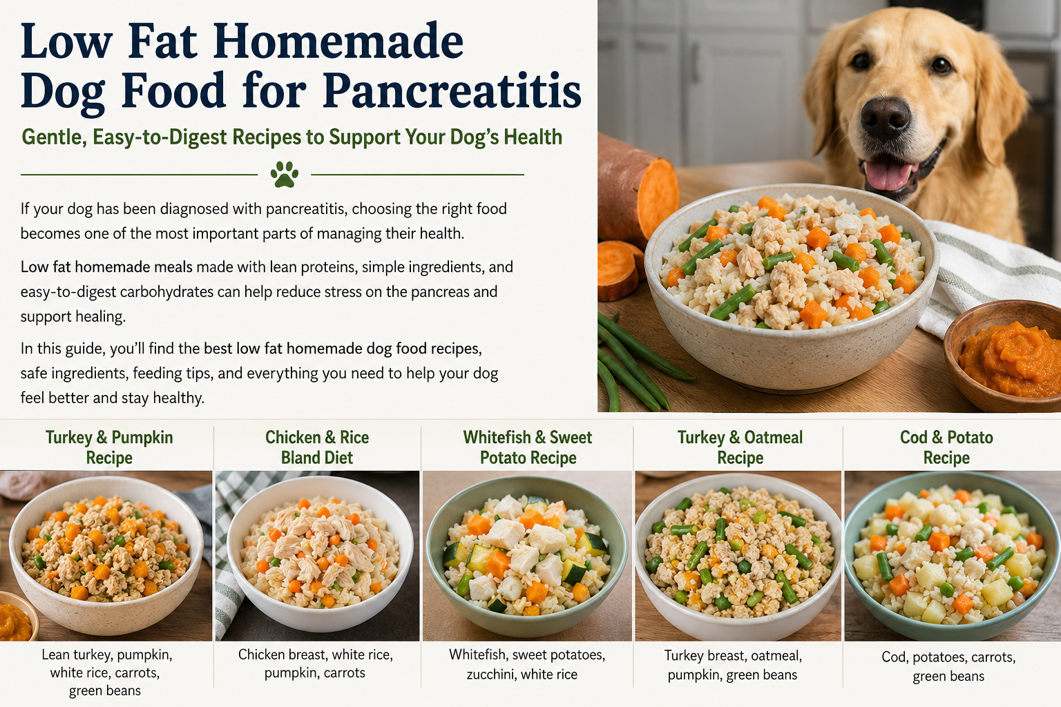 Low fat homemade dog food for pancreatitis made with turkey, pumpkin, white rice, and healthy ingredients