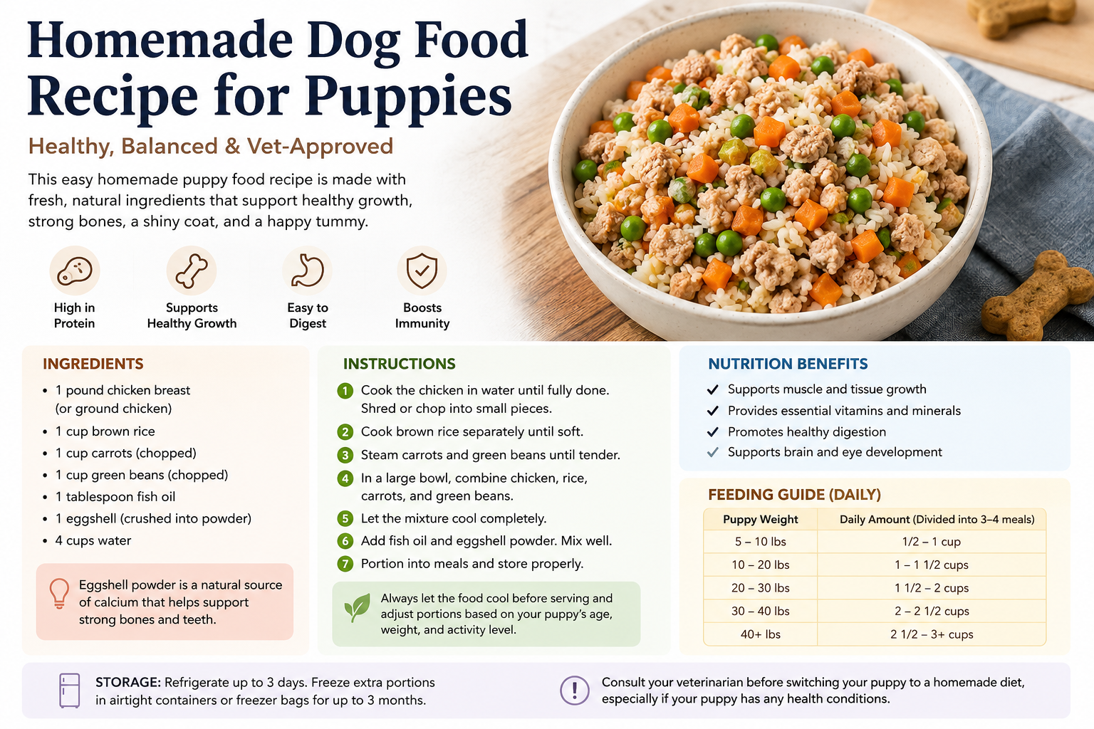 Golden Retriever puppy eating healthy homemade dog food with fresh ingredients including chicken,