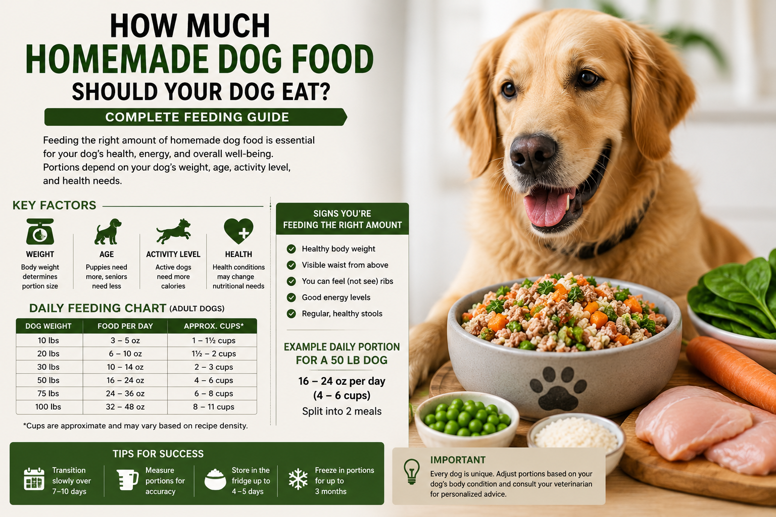 Golden Retriever eating healthy homemade dog food with feeding guide infographic and fresh ingredients