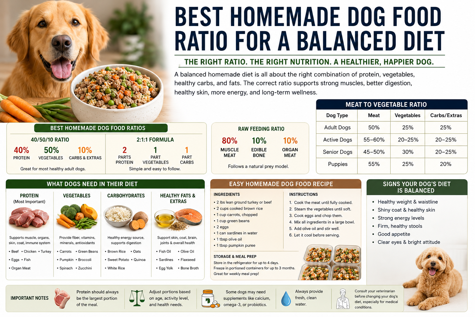 balanced homemade dog food ratio chart with healthy ingredients for dogs