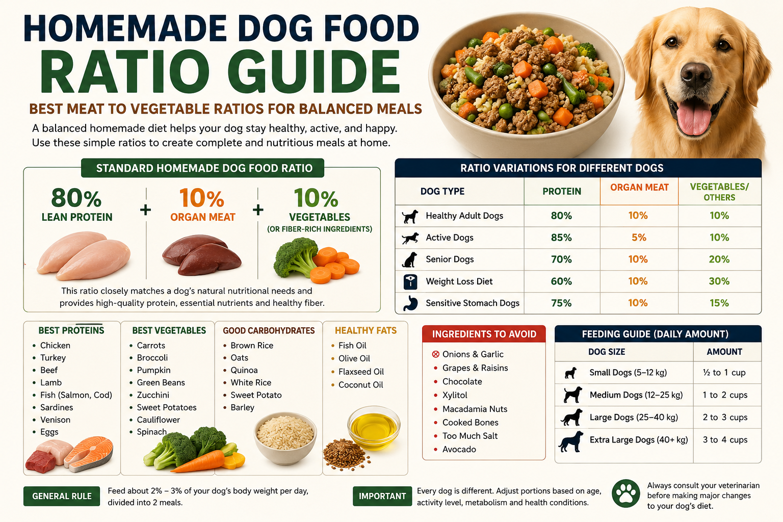 Homemade dog food ratio chart with meat and vegetable proportions for balanced dog meals