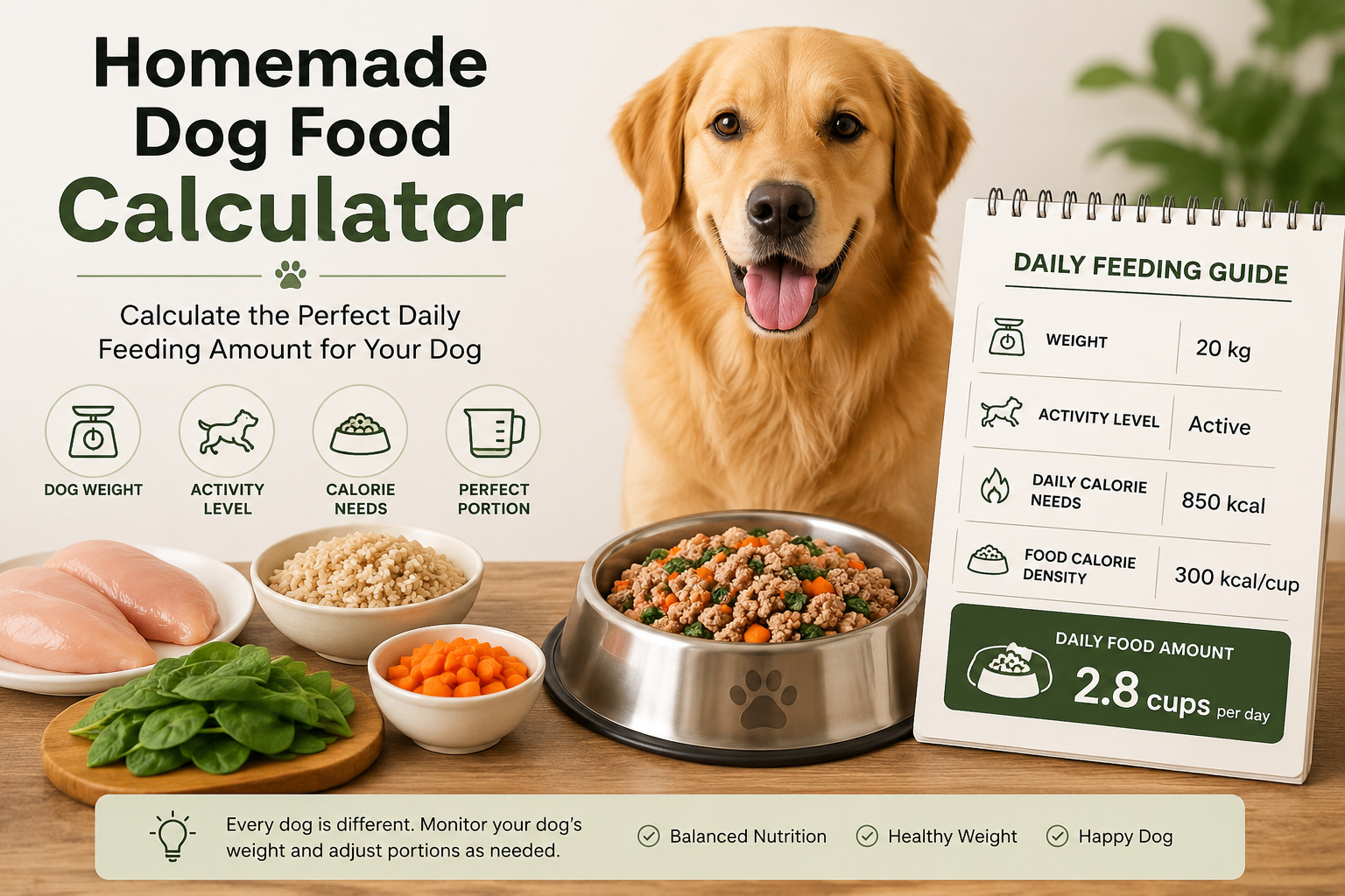 Golden Retriever beside homemade dog food ingredients and a homemade dog food calculator feeding chart on a kitchen table.
