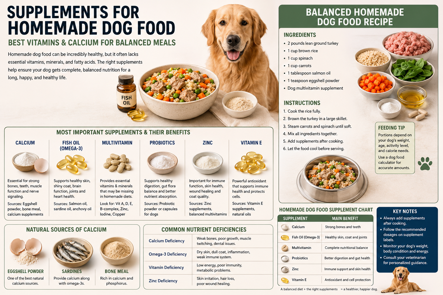 Golden Retriever with homemade dog food, fish oil, vitamins, calcium supplements, and balanced fresh meal