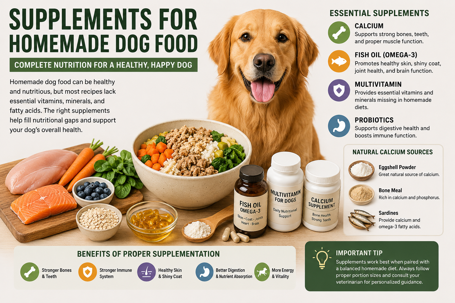 Golden Retriever with homemade dog food ingredients, calcium supplements, fish oil, vitamins, and healthy