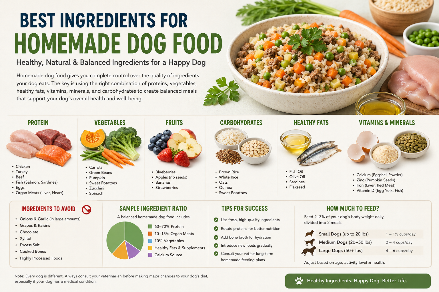 Healthy homemade dog food ingredients including lean turkey, salmon, eggs, carrots, pumpkin, sweet