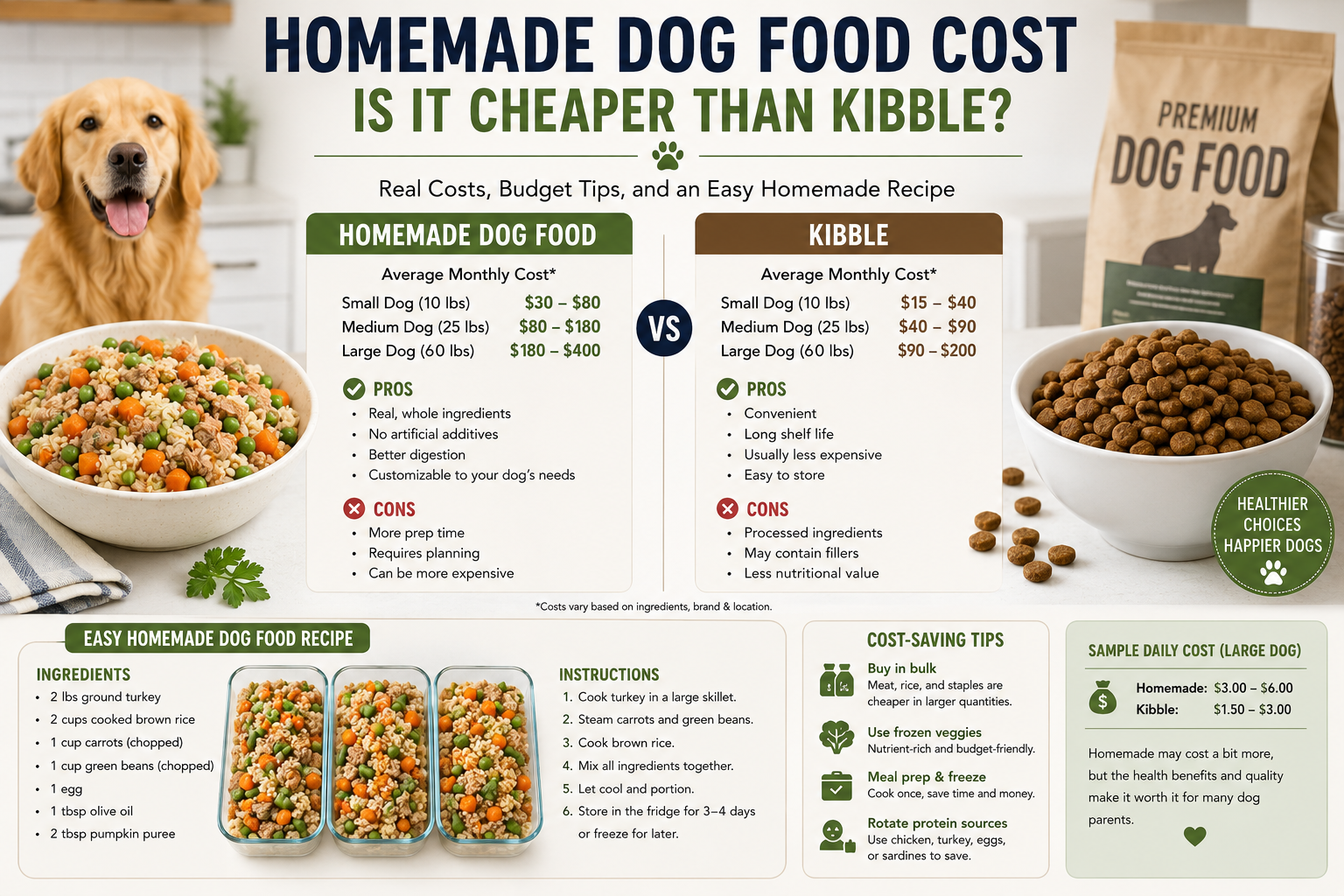 Cost comparison infographic showing homemade dog food ingredients, budget-friendly meal prep, kibble