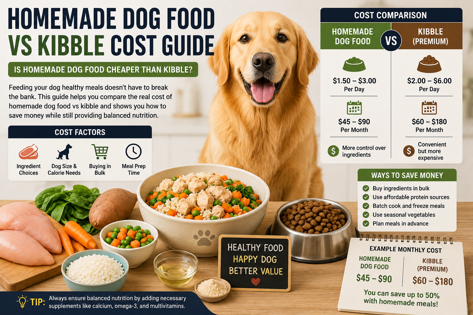Golden Retriever with budget-friendly homemade dog food ingredients, chicken, rice, vegetables, and a cost