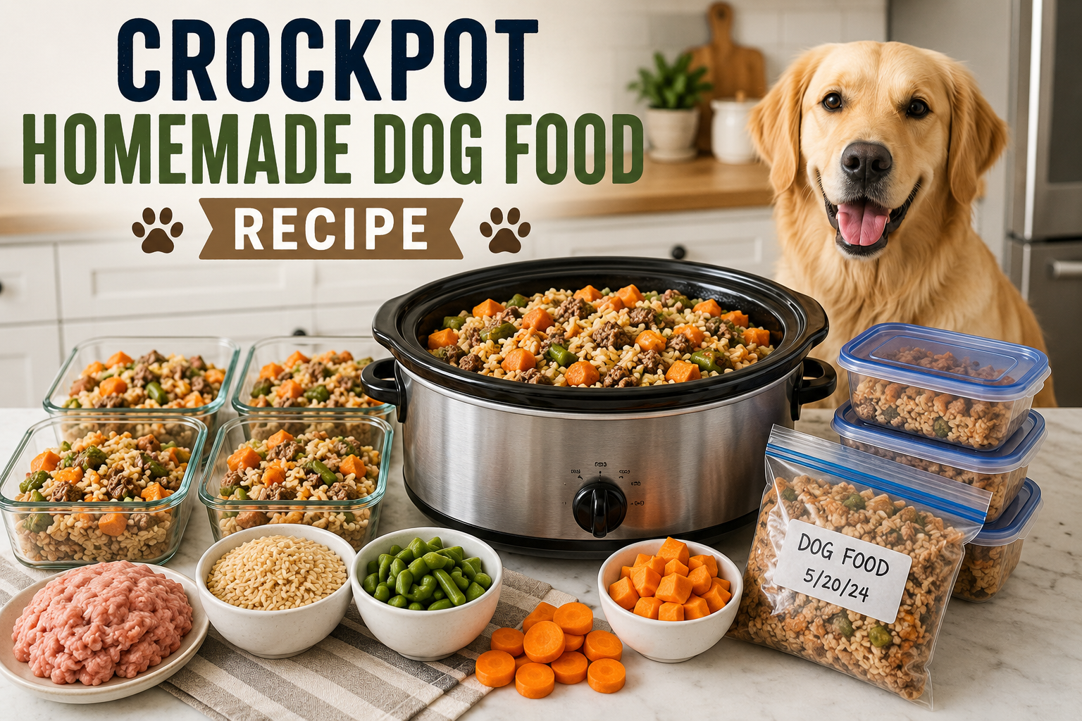 Crockpot homemade dog food recipe cooking in a slow cooker with meal prep containers and fresh