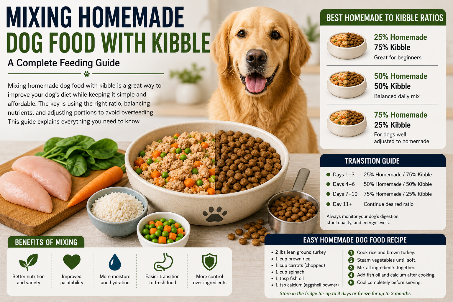 Golden Retriever eating a meal made with homemade dog food and kibble, showing recommended feeding