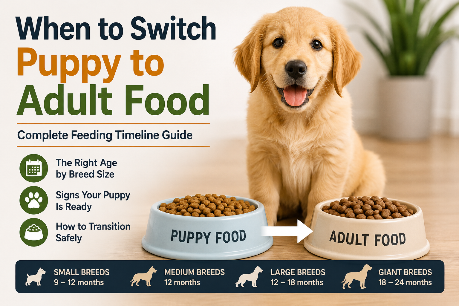 Golden retriever puppy sitting between puppy food and adult dog food bowls with feeding timeline guide