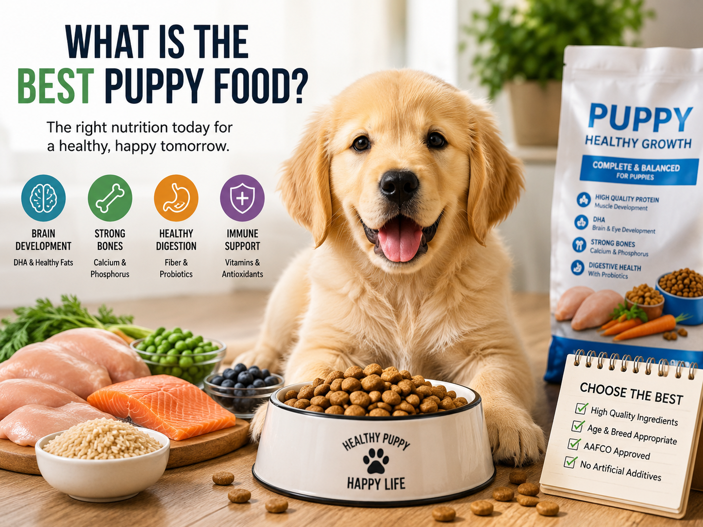 Golden retriever puppy eating healthy puppy food from a bowl beside fresh ingredients