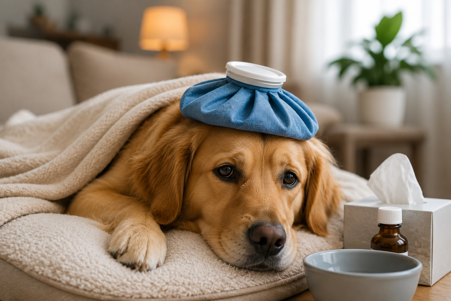 Golden Retriever resting under a blanket at home while recovering from illness with water bowl nearby