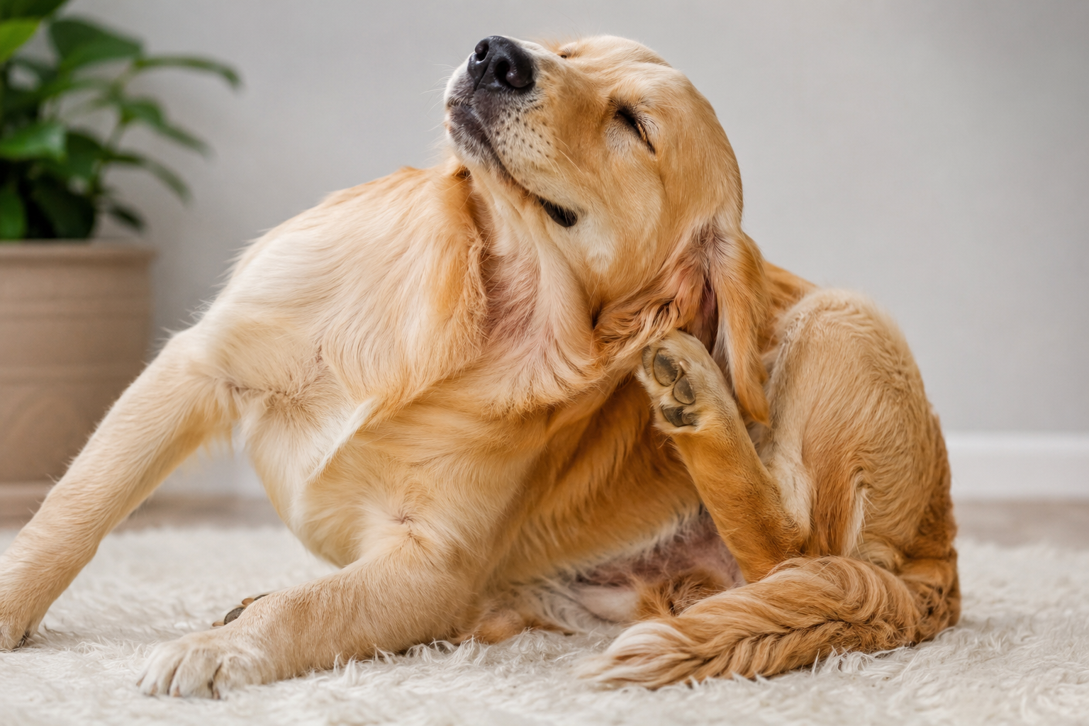 Golden Retriever scratching its side while sitting on green grass showing common signs of dog skin allergies and itchy skin
