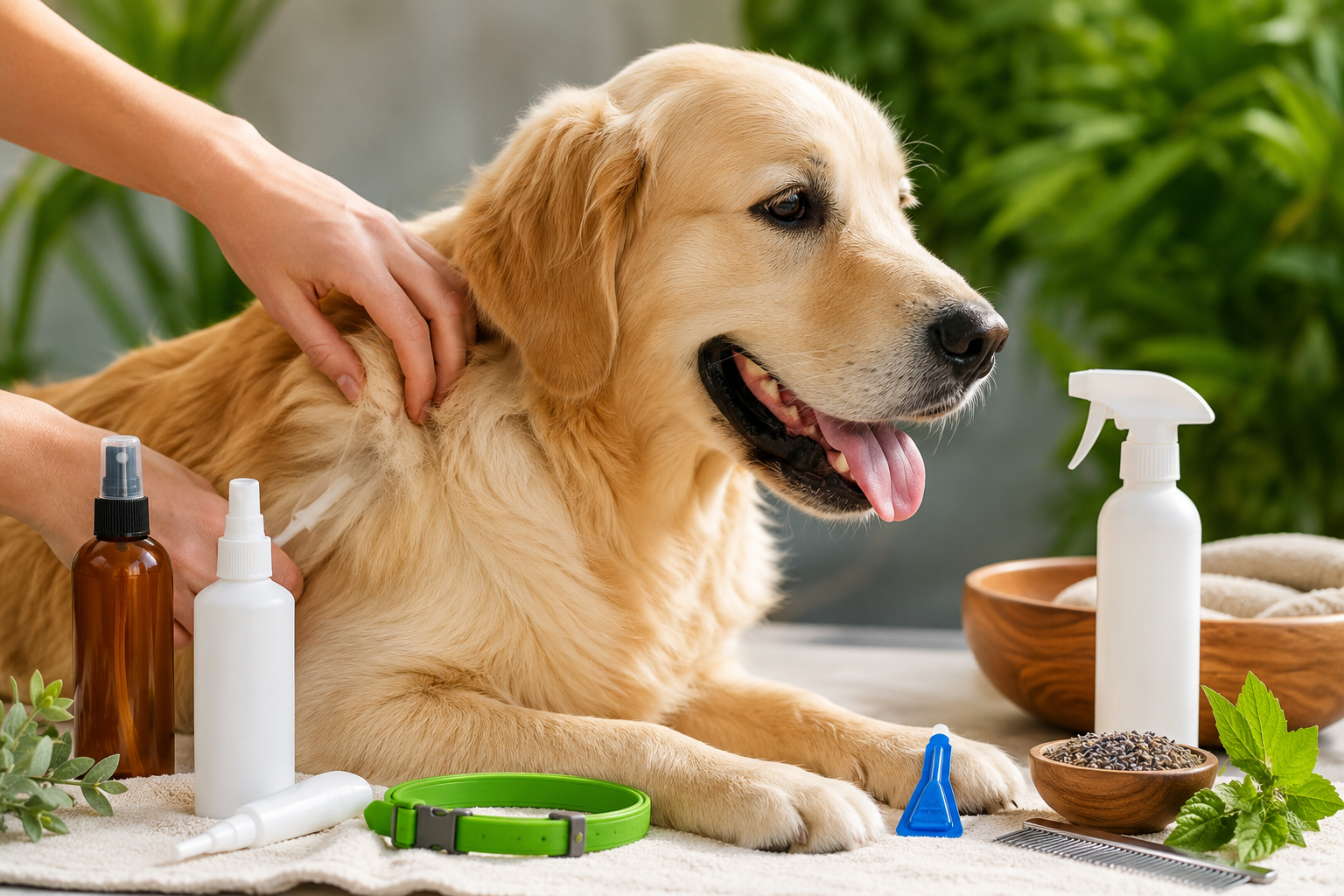 Golden retriever receiving gentle flea and tick treatment with pet care products nearby.