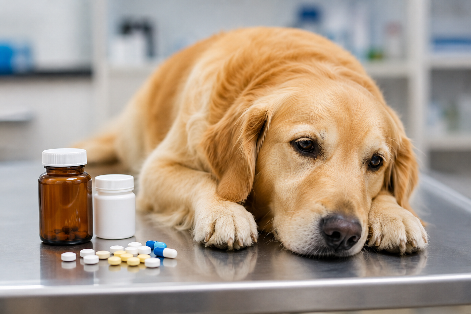 Golden Retriever receiving veterinary care during treatment for a bacterial infection, representing dog antibiotics and infection management.