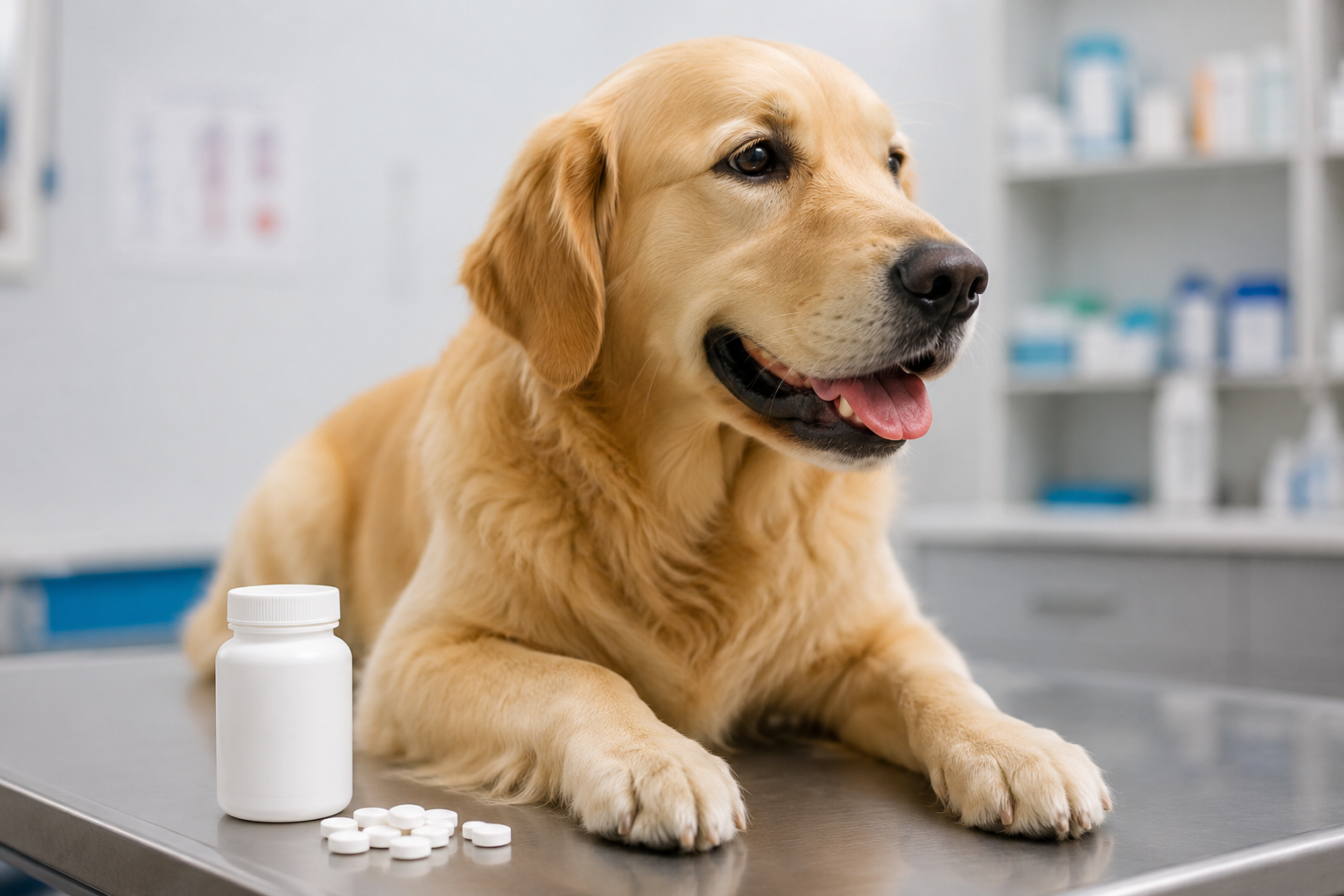 Golden Retriever resting on a veterinary examination table with allergy medication nearby, representing Apoquel treatment for dog allergies and itching.