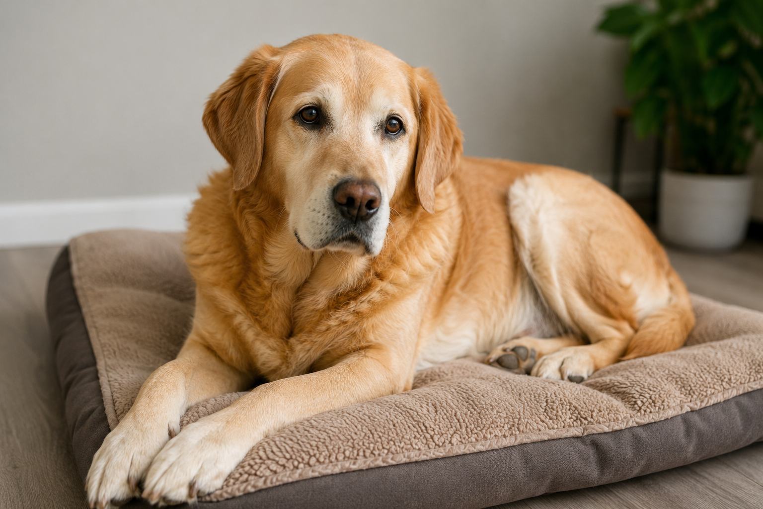 Golden Retriever resting comfortably on a dog bed after arthritis pain treatment and joint care