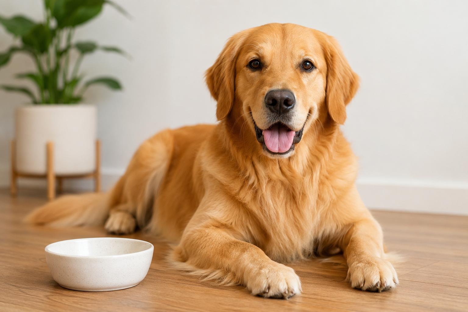 Healthy golden retriever resting comfortably indoors after routine heartworm and parasite prevention treatment