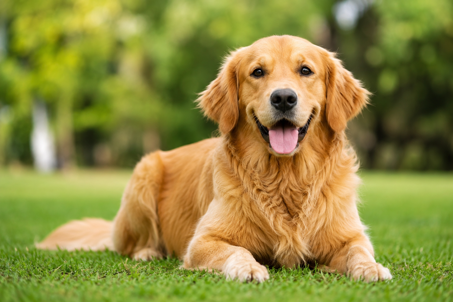 Healthy golden retriever dog sitting outdoors with protection against fleas ticks and heartworm parasites
