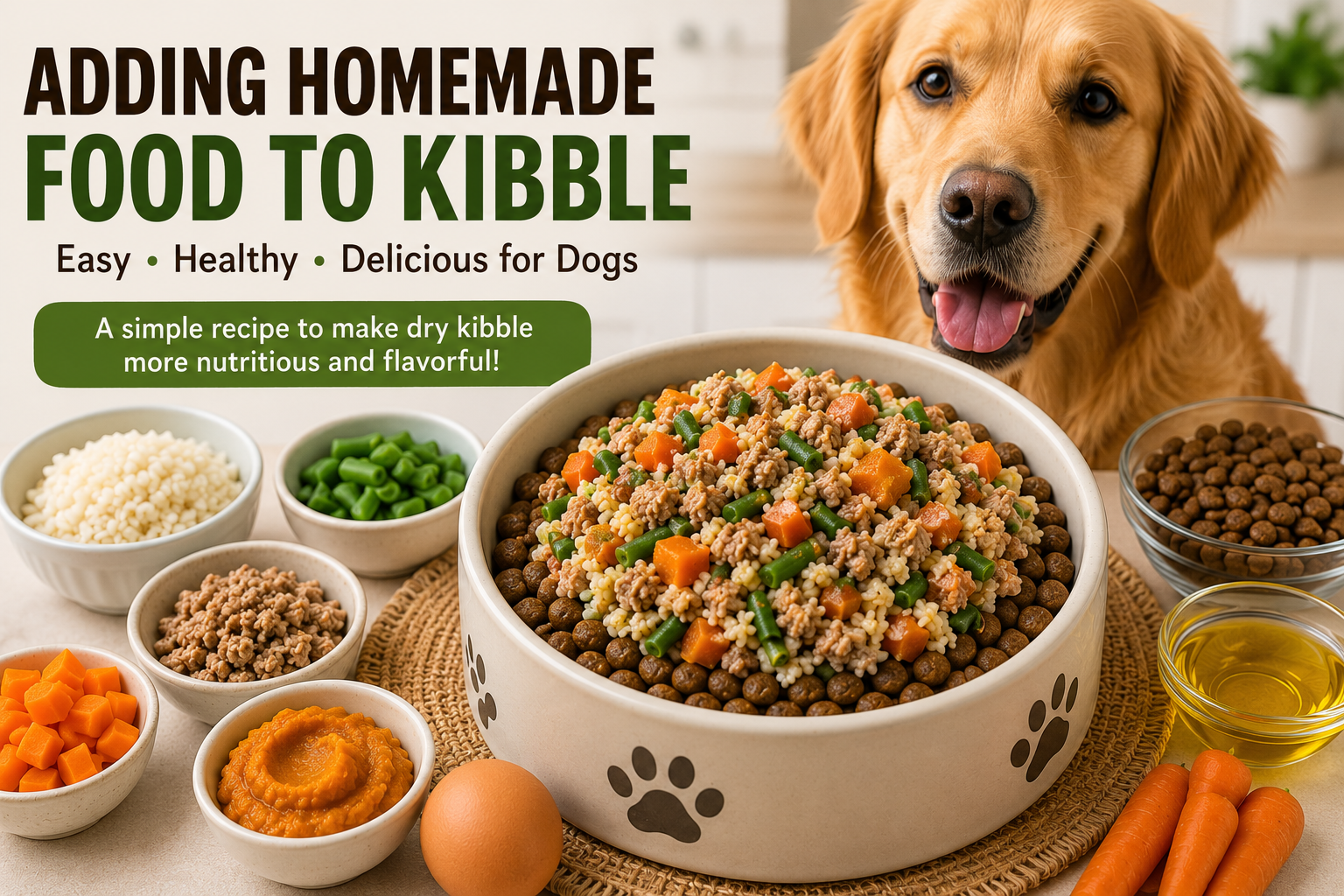 Adding homemade food to kibble with turkey, rice, pumpkin, carrots, and green beans in a dog bowl while a happy dog waits beside the meal.
