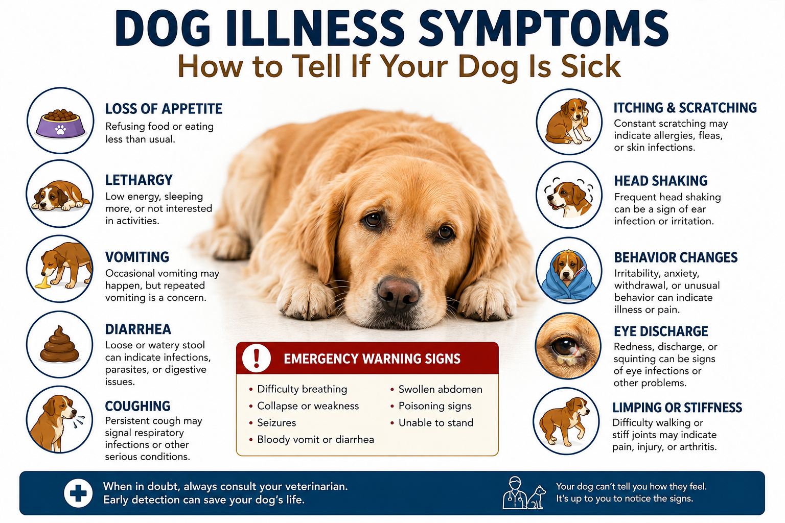 Dog illness symptoms including vomiting, diarrhea, coughing, itching, lethargy, and other warning signs that may indicate your dog is sick and needs veterinary care.