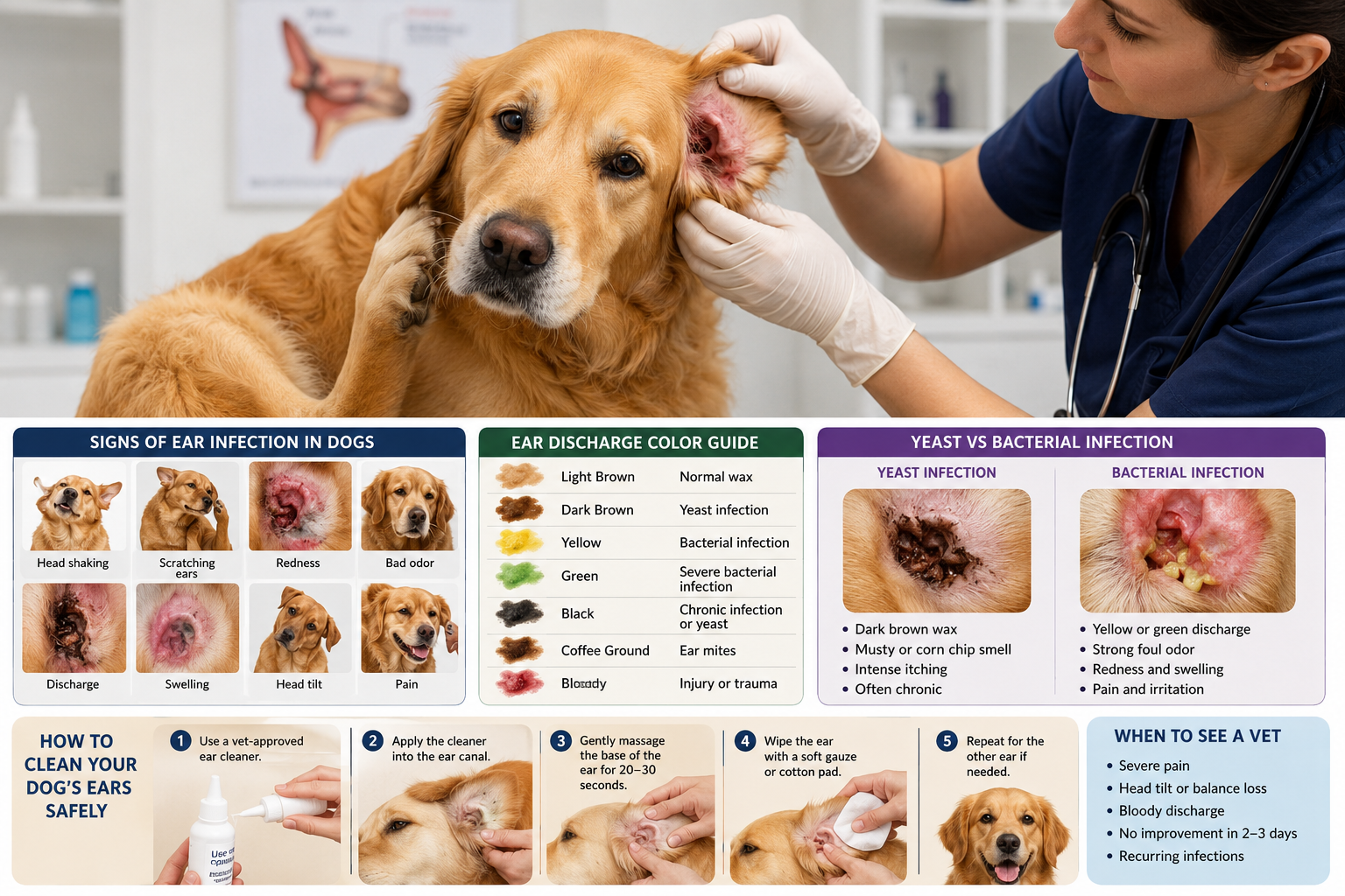 Dog with ear infection showing symptoms such as head shaking, ear scratching, redness, and inflammation while being examined by a veterinarian.