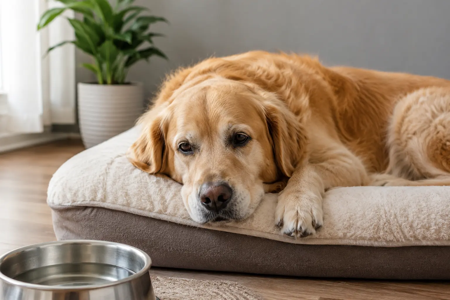 Golden Retriever dog resting on a comfortable bed while recovering from a respiratory illness.