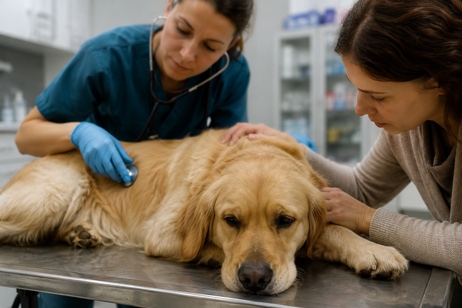 Dog receiving emergency veterinary care after showing signs of poisoning.