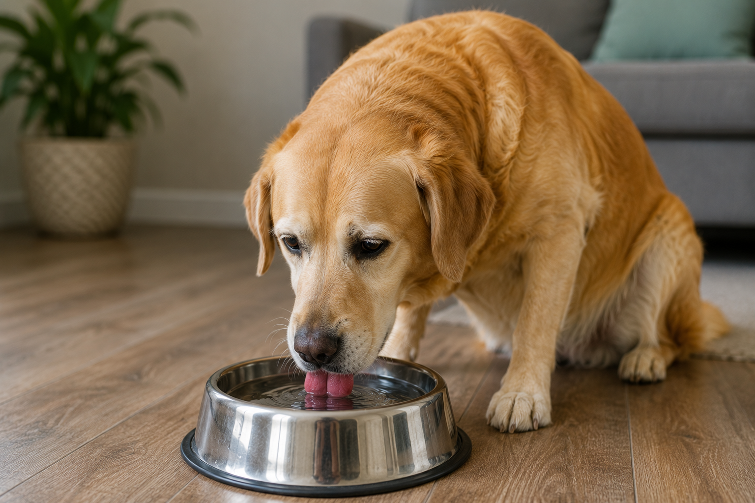 Golden retriever drinking water from a bowl showing common dog diabetes symptoms including excessive thirst, frequent urination, increased hunger, weight loss, low energy, cloudy eyes, and recurring infections.