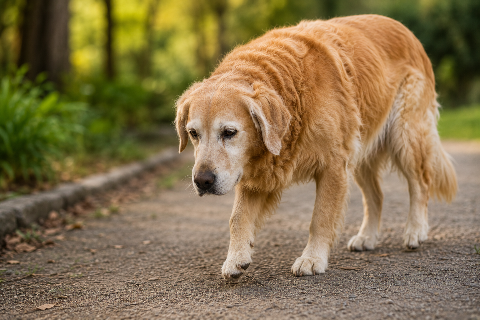 Senior dog with arthritis walking slowly outdoors showing common symptoms of joint pain, stiffness, limping, and reduced mobility.