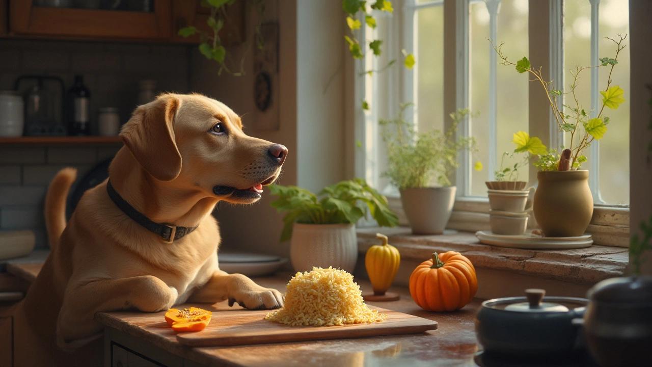 Dog showing signs of digestive problems while sitting near a bowl of chicken, rice, and pumpkin.